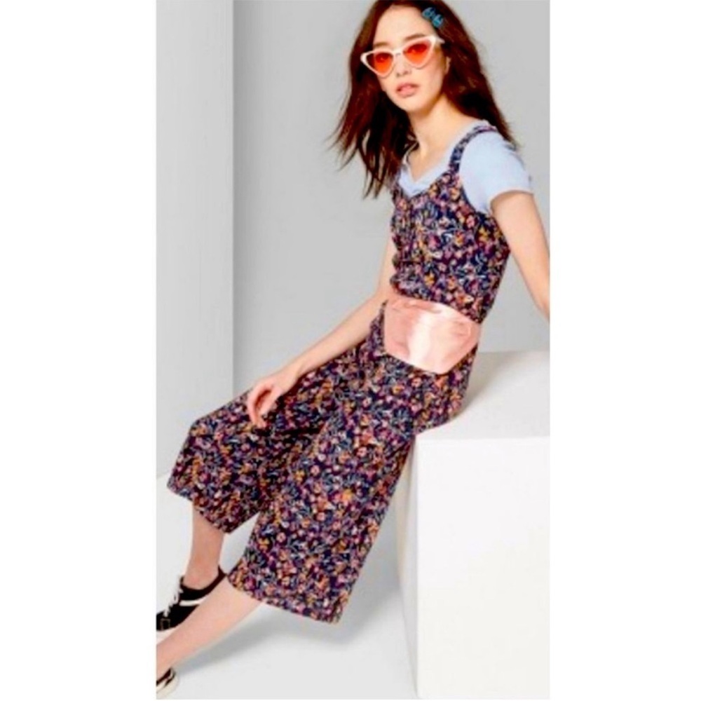 Wild Fable Blue Multi Floral Boho Chic Ribbed Wide Leg Sleeveless Jumpsuit XS